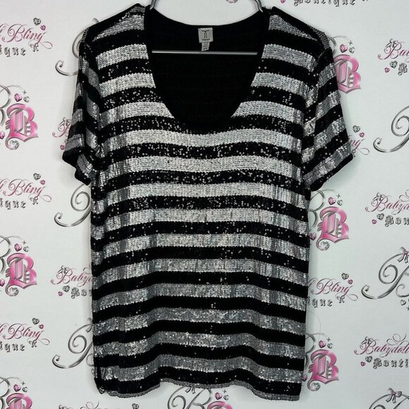 Tristan tshirt tee sequins sparkly glitter Black and Silver Sequin Striped Tee - Picture 1 of 8